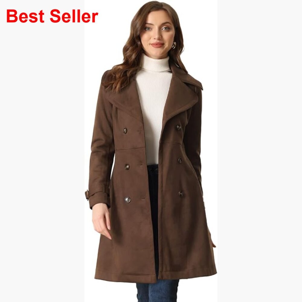 Faux Suede Trench Coat Double Breasted Overcoat Adjustable Belt